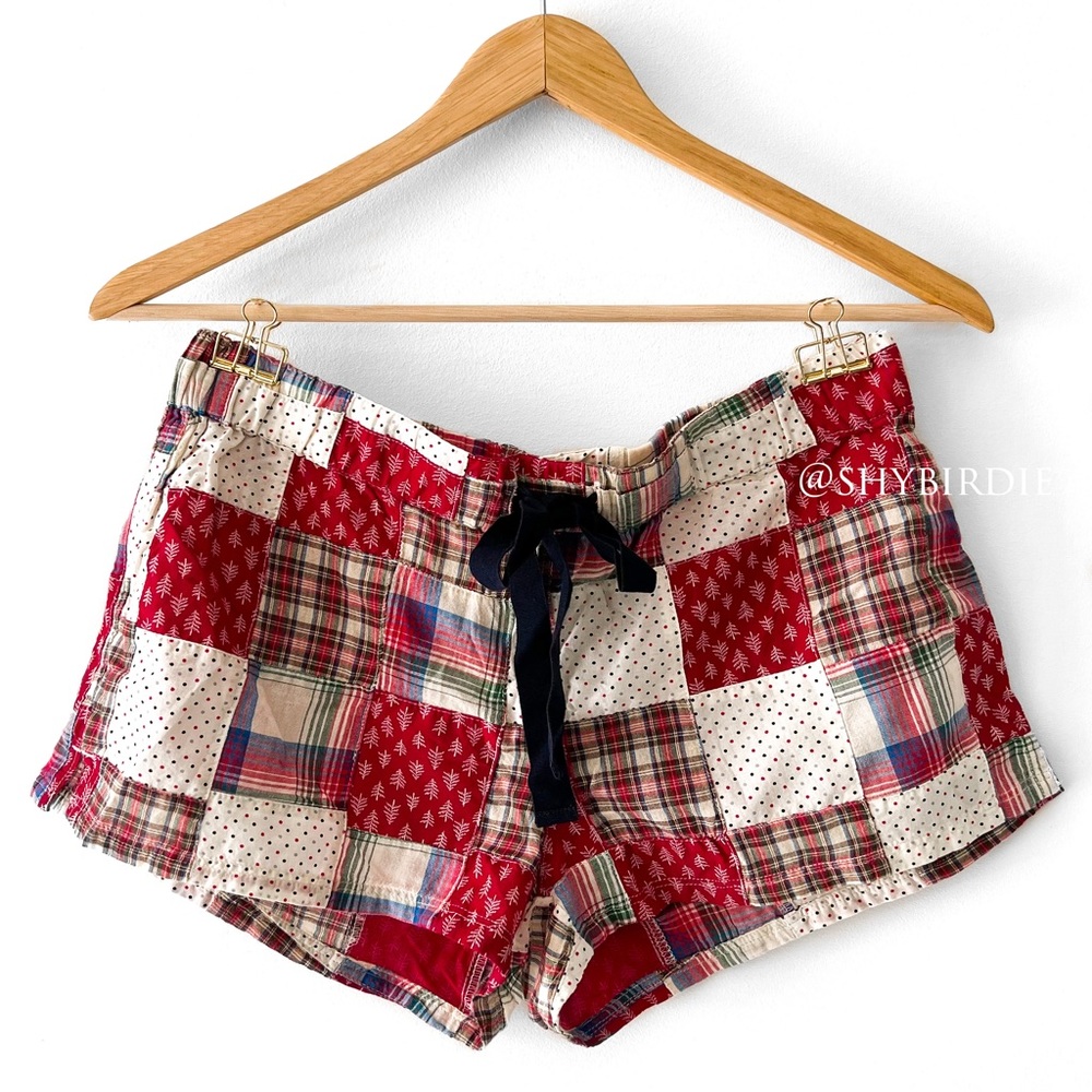 NEW Aerie Patchwork Plaid Festive Holiday Boxer Sleep Shorts in Red, Small